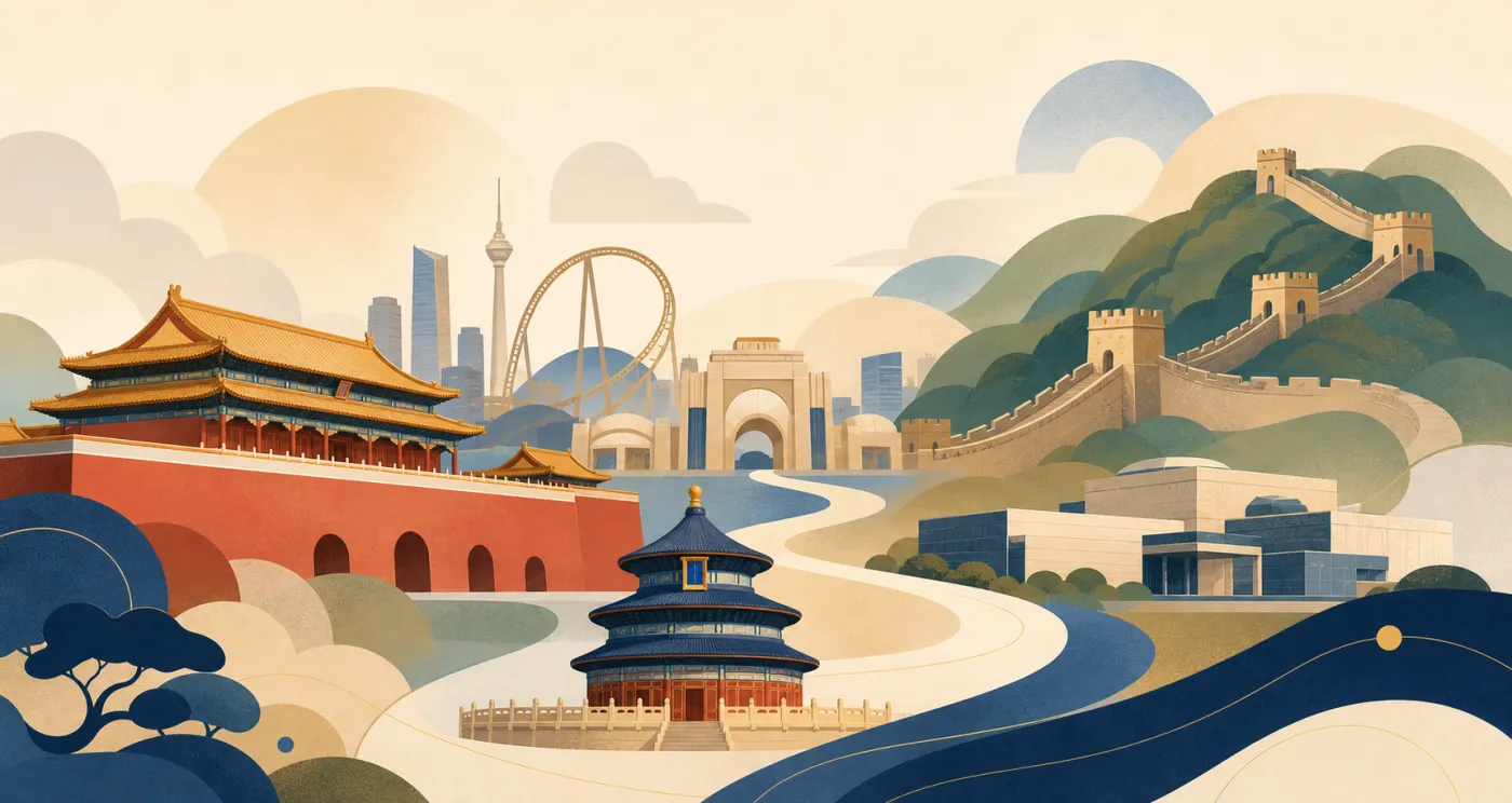 北京、环球影城、故宫和长城抽象旅行图
